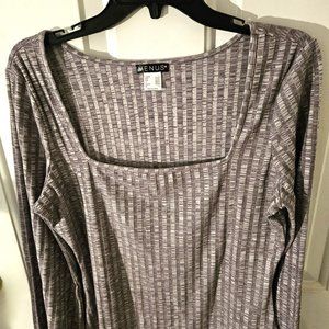 Venus Gray Ribbed Square neck Long Sleeve Top